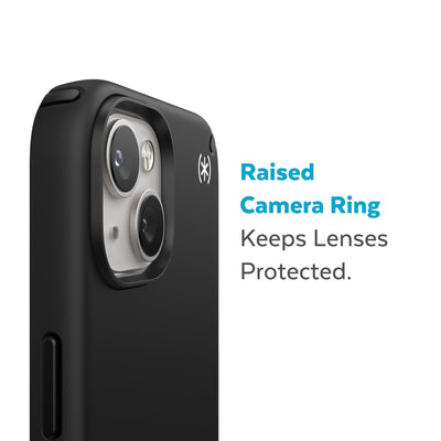 Slightly tilted view of side of phone case showing phone cameras - Raised camera ring keeps lenses protected.#color_black