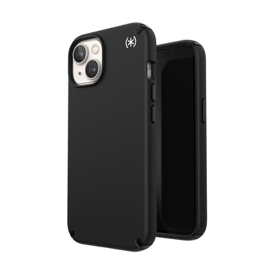 Three-quarter view of back of phone case simultaneously shown with three-quarter front view of phone case#color_black