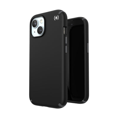 Three-quarter view of back of phone case simultaneously shown with three-quarter front view of phone case.#color_black-slate-grey