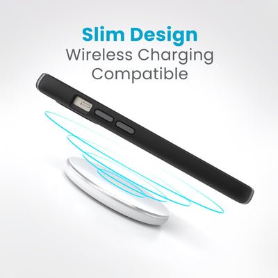 Side view of a case with a phone inside hovering over a wireless charger with concentric circles eminating from charger to signify power transfer. Text in image reads slim design - wireless charging compatible.#color_black-slate-grey