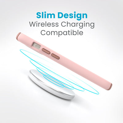 Side view of a case with a phone inside hovering over a wireless charger with concentric circles eminating from charger to signify power transfer. Text in image reads slim design - wireless charging compatible.#color_dahlia-pink-rose-copper