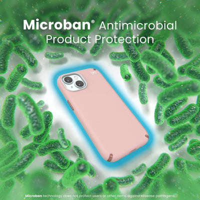 A case with phone inside is surrounded by bacteria. A blue halo around the phone keeps the bacteria away. Text reads Microban antimicrobial product protection. Microban technology does not protect users or other items against disease pathogens.#color_dahlia-pink-rose-copper