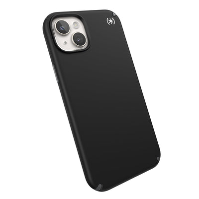 Tilted three-quarter angled view of back of phone case.#color_black-slate-grey
