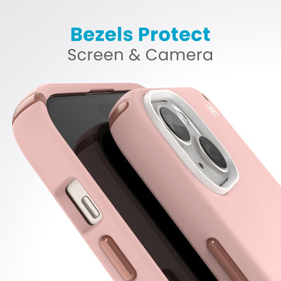 A case with phone inside with camera facing up is lying on top of a case with phone inside with screen facing up. Both are at a sharp angle clearly showing case's raised bezels around screen and camera. Text reads bezels protect screen and camera.#color_dahlia-pink-rose-copper