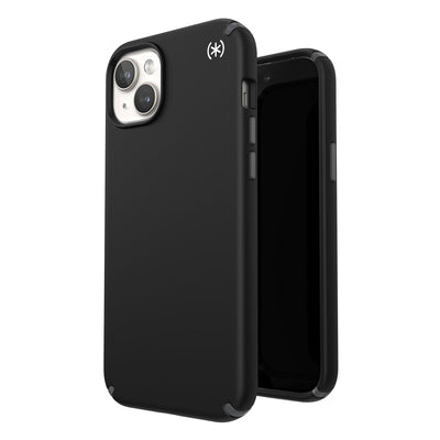 Three-quarter view of back of phone case simultaneously shown with three-quarter front view of phone case.#color_black-slate-grey