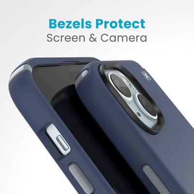 A case with phone inside with camera facing up is lying on top of a case with phone inside with screen facing up. Both are at a sharp angle clearly showing case's raised bezels around screen and camera. Text reads bezels protect screen and camera.#color_coastal-blue-dust-grey