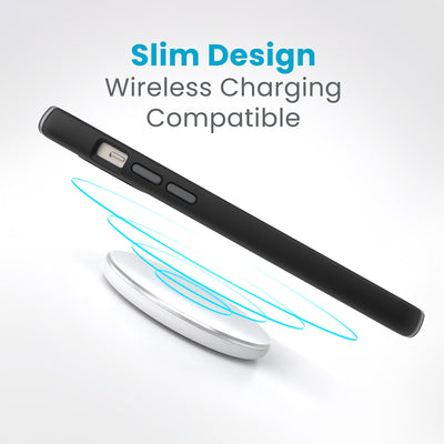 Side view of a case with a phone inside hovering over a wireless charger with concentric circles eminating from charger to signify power transfer. Text in image reads slim design - wireless charging compatible.#color_black-slate-grey