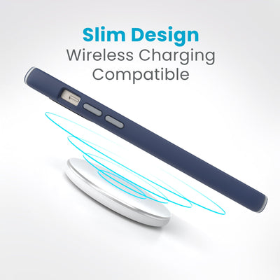 Side view of a case with a phone inside hovering over a wireless charger with concentric circles eminating from charger to signify power transfer. Text in image reads slim design - wireless charging compatible.#color_coastal-blue-dust-grey