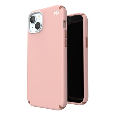 Three-quarter view of back of phone case simultaneously shown with three-quarter front view of phone case.#color_dahlia-pink-rose-copper