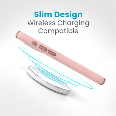 Side view of a case with a phone inside hovering over a wireless charger with concentric circles eminating from charger to signify power transfer. Text in image reads slim design - wireless charging compatible.#color_dahlia-pink-rose-copper