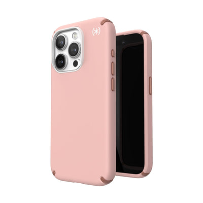 Three-quarter view of back of phone case simultaneously shown with three-quarter front view of phone case.#color_dahlia-pink-rose-copper