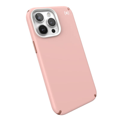 Tilted three-quarter angled view of back of phone case.#color_dahlia-pink-rose-copper