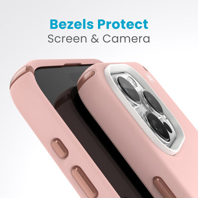 A case with phone inside with camera facing up is lying on top of a case with phone inside with screen facing up. Both are at a sharp angle clearly showing case's raised bezels around screen and camera. Text reads bezels protect screen and camera.#color_dahlia-pink-rose-copper