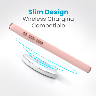 Side view of a case with a phone inside hovering over a wireless charger with concentric circles eminating from charger to signify power transfer. Text in image reads slim design - wireless charging compatible.#color_dahlia-pink-rose-copper