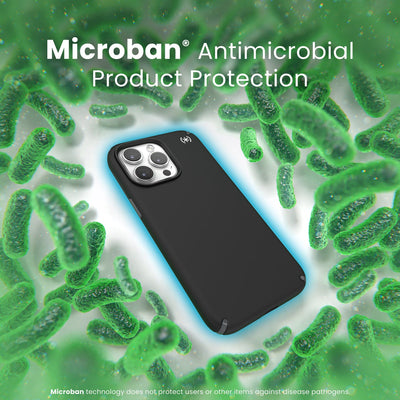 A case with phone inside is surrounded by bacteria. A blue halo around the phone keeps the bacteria away. Text reads Microban antimicrobial product protection. Microban technology does not protect users or other items against disease pathogens.#color_black-slate-grey