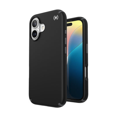 Three-quarter view of back of phone case with phone inside shown over top of front view of phone case with phone inside#color_black-slate-grey