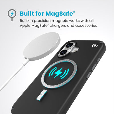 A MagSafe charger hovers over the back of the phone case. Text reads Built for MagSafe: Built-in precision magnets works with all Apple MagSafe chargers and accessories#color_black-slate-grey