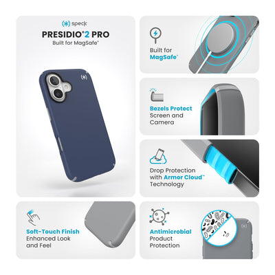 Various close-ups of case are shown. Text reads Speck Presidio2 Pro MagSafe: Soft-touch finish - enhanced look and feel, built for MagSafe, bezels protect screen and camera, drop protection with Armor Cloud Technology, antimicrobial product protection#color_coastal-blue-dust-grey