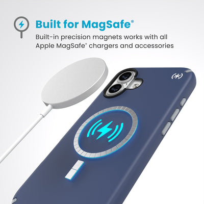 A MagSafe charger hovers over the back of the phone case. Text reads Built for MagSafe: Built-in precision magnets works with all Apple MagSafe chargers and accessories#color_coastal-blue-dust-grey