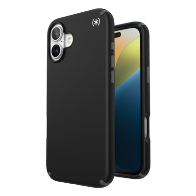 Three-quarter view of back of phone case with phone inside shown over top of front view of phone case with phone inside#color_black-slate-grey