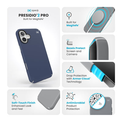 Various close-ups of case are shown. Text reads Speck Presidio2 Pro MagSafe: Soft-touch finish - enhanced look and feel, built for MagSafe, bezels protect screen and camera, drop protection with Armor Cloud Technology, antimicrobial product protection#color_coastal-blue-dust-grey