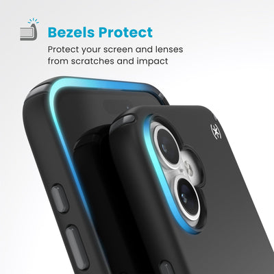 Raised bezels around phone screen and camera are highlighted. Text reads Bezels Protect: Protect your screen and lenses from scratches and impact#color_black-slate-grey