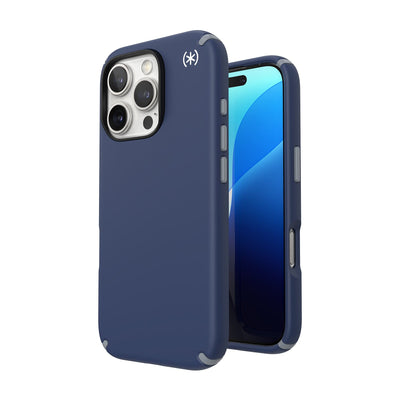 Three-quarter view of back of phone case with phone inside shown over top of front view of phone case with phone inside#color_coastal-blue-dust-grey