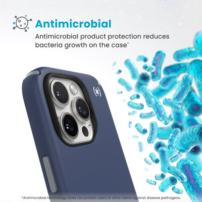 Bacteria is shown around phone case but not on it. Text reads Antimicrobial: Antimicrobial product protection reduces bacteria growth on the case (Antimicrobial technology does not protect users or other items against disease pathogens)#color_coastal-blue-dust-grey