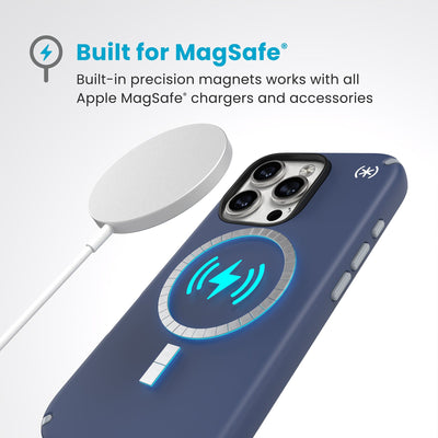 A MagSafe charger hovers over the back of the phone case. Text reads Built for MagSafe: Built-in precision magnets works with all Apple MagSafe chargers and accessories#color_coastal-blue-dust-grey