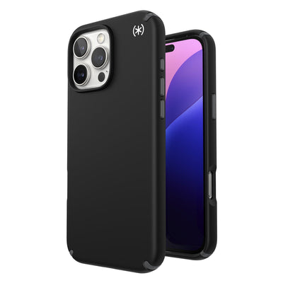 Three-quarter view of back of phone case with phone inside shown over top of front view of phone case with phone inside#color_black-slate-grey