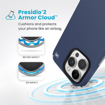 A corner of the case impacts the ground - a diagram shows interior cushion of phone before impact and on impact. Text reads Presidio2 Armor Cloud: Cushions and protects your phone like an airbag#color_coastal-blue-dust-grey