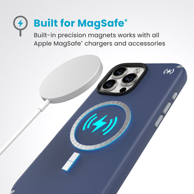 A MagSafe charger hovers over the back of the phone case. Text reads Built for MagSafe: Built-in precision magnets works with all Apple MagSafe chargers and accessories#color_coastal-blue-dust-grey