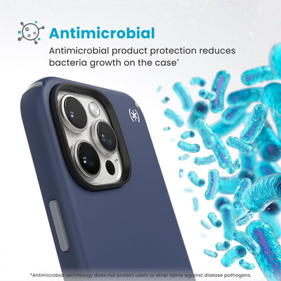 Bacteria is shown around phone case but not on it. Text reads Antimicrobial: Antimicrobial product protection reduces bacteria growth on the case (Antimicrobial technology does not protect users or other items against disease pathogens)#color_coastal-blue-dust-grey