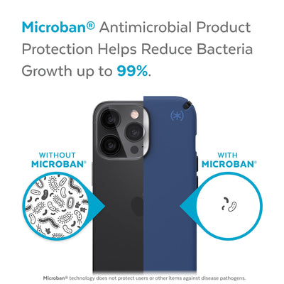 Back view, half without case, other with case, less germs on case - Microban antimicrobial product protection helps reduce bacteria growth up to 99%.#color_coastal-blue-black-storm-blue