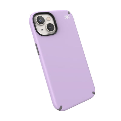 Tilted three-quarter angled view of back of phone case#color_spring-purple-cloudy-grey