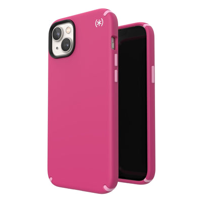 Three-quarter view of back of phone case simultaneously shown with three-quarter front view of phone case#color_digital-pink-blossom-pink