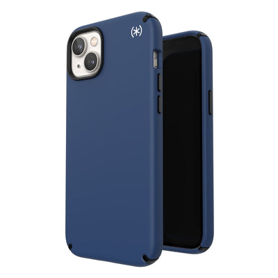 Three-quarter view of back of phone case simultaneously shown with three-quarter front view of phone case#color_coastal-blue-black