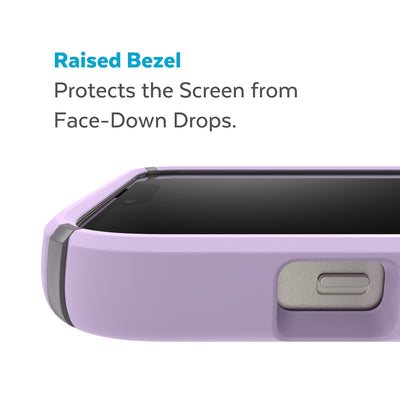 View of top of phone case laying on its back - Raised bezel protects the screen from face-down drops.#color_spring-purple-cloudy-grey