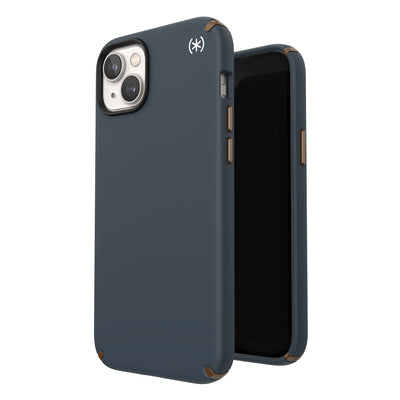 Three-quarter view of back of phone case simultaneously shown with three-quarter front view of phone case#color_charcoal-grey-cool-bronze