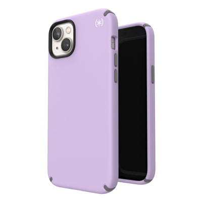 Three-quarter view of back of phone case simultaneously shown with three-quarter front view of phone case#color_spring-purple-cloudy-grey