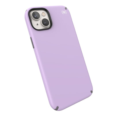 Tilted three-quarter angled view of back of phone case#color_spring-purple-cloudy-grey