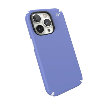 Tilted three-quarter angled view of back of phone case#color_grounded-purple-white