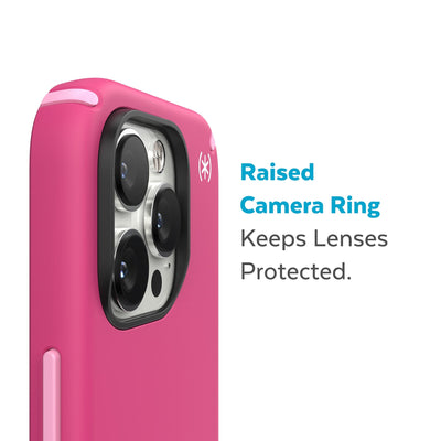 Slightly tilted view of side of phone case showing phone cameras - Raised camera ring keeps lenses protected.#color_digital-pink-blossom-pink