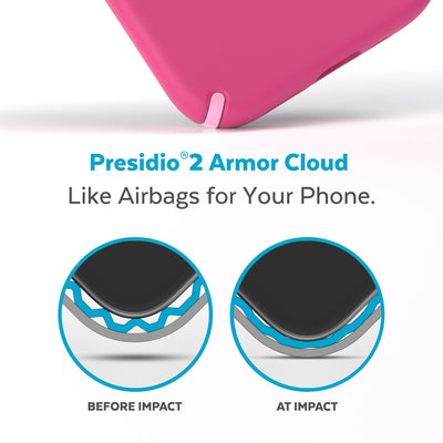 View of corner of phone case impacting ground with illustrations showing before and after impact - Presidio2 Armor Cloud, like airbags for your phone.#color_digital-pink-blossom-pink