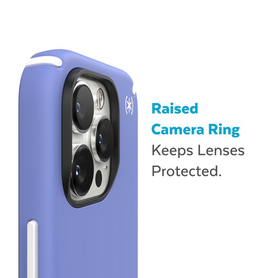 Slightly tilted view of side of phone case showing phone cameras - Raised camera ring keeps lenses protected.#color_grounded-purple-white