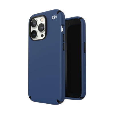 Three-quarter view of back of phone case simultaneously shown with three-quarter front view of phone case#color_coastal-blue-black