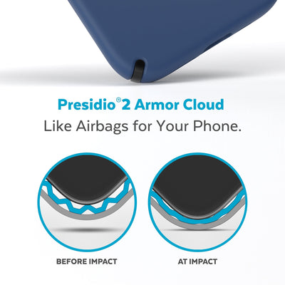 View of corner of phone case impacting ground with illustrations showing before and after impact - Presidio2 Armor Cloud, like airbags for your phone.#color_coastal-blue-black