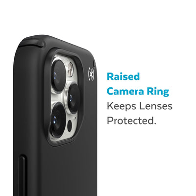 Slightly tilted view of side of phone case showing phone cameras - Raised camera ring keeps lenses protected.#color_black