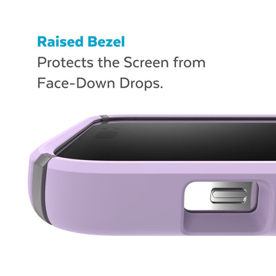 View of top of phone case laying on its back - Raised bezel protects the screen from face-down drops.#color_spring-purple-cloudy-grey