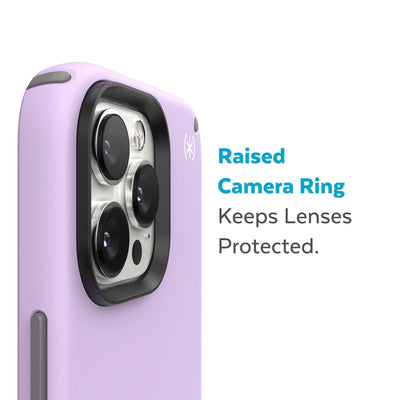 Slightly tilted view of side of phone case showing phone cameras - Raised camera ring keeps lenses protected.#color_spring-purple-cloudy-grey